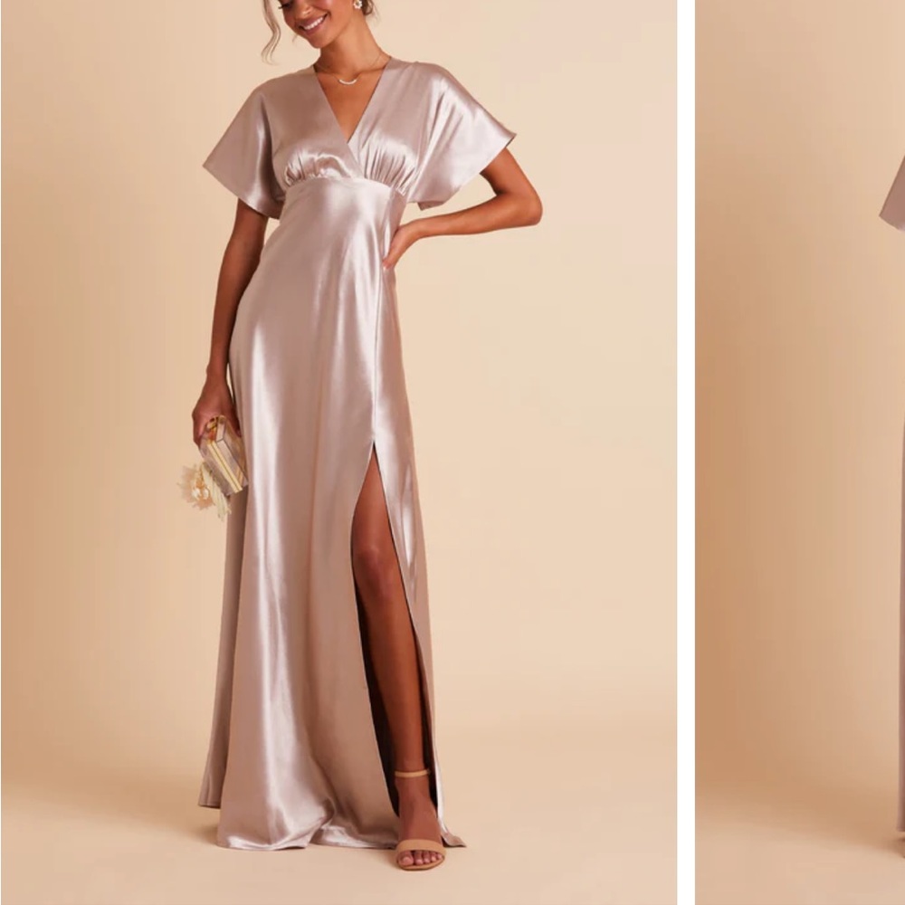 Birdy Grey Shiny Satin Kimono Flutter Sleeve Deep V-Neck Dress In Taupe Size S